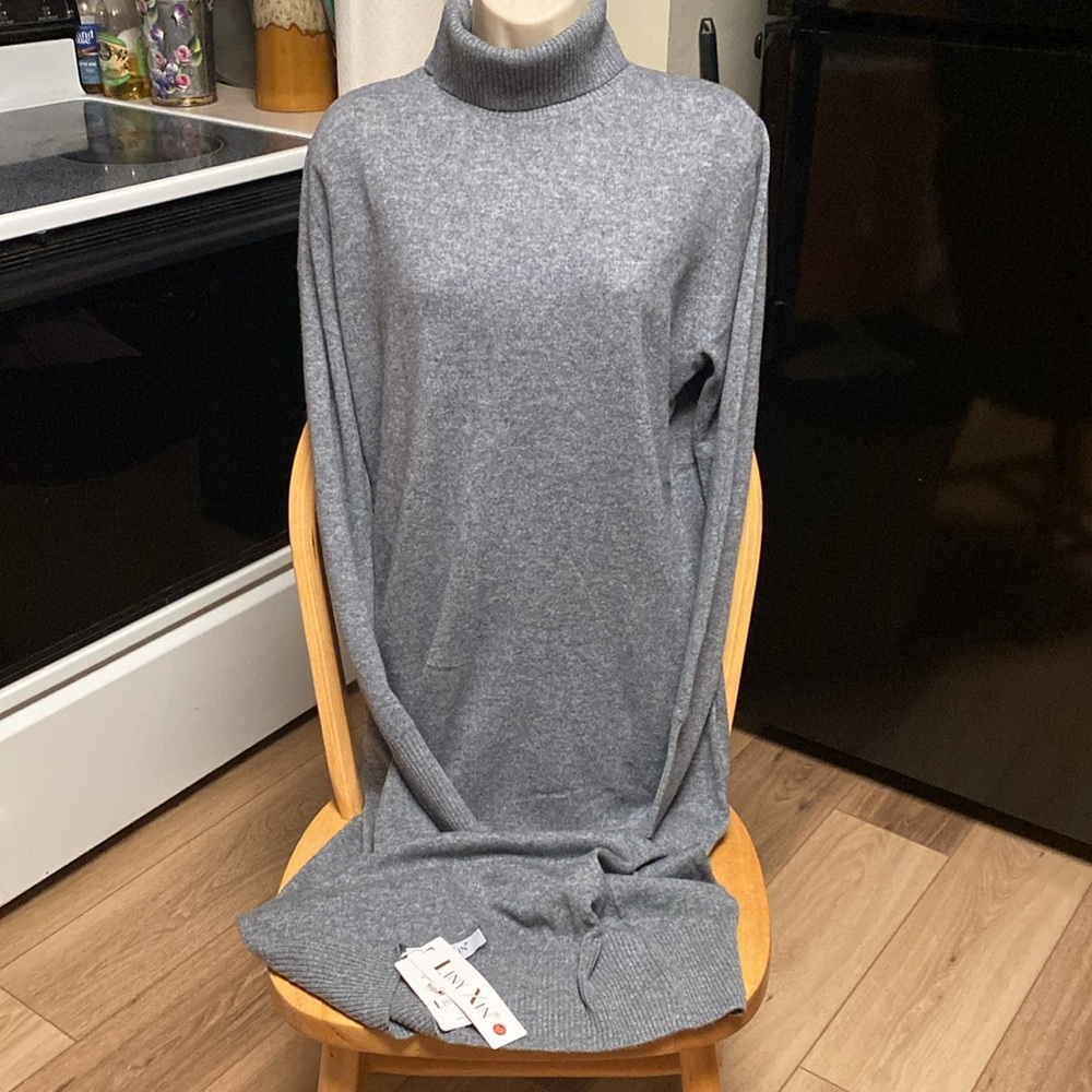 LINY XIN NWT XL 100% GRAY superfine Merino Wool turtleneck sweater midi dress